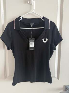 True Religion Womens L Black Buddha Guitar Graphic Polo Shirt NWT